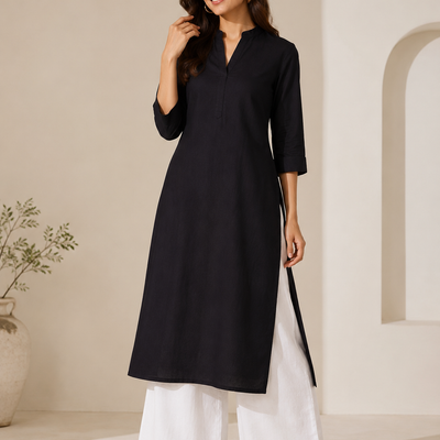 Midnight Black Straight Kurta with White Palazzo Set