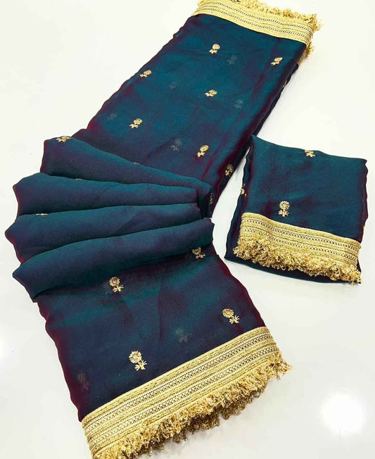 Midnight Teal Space Satin Sequin Embroidered Saree