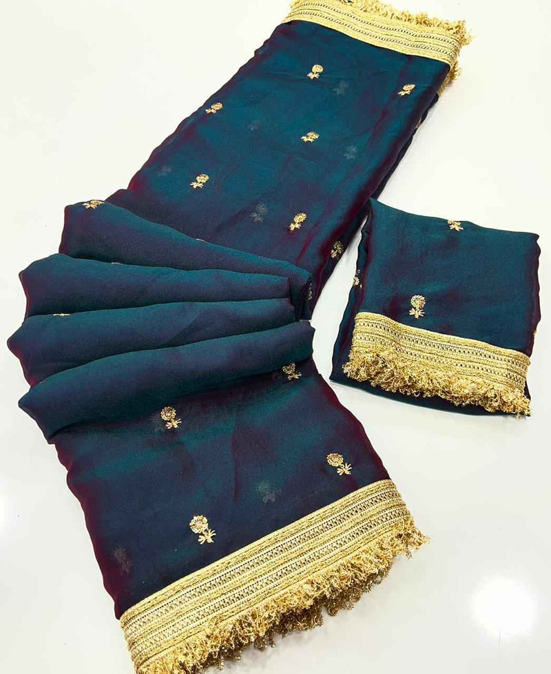 Midnight Teal Space Satin Sequin Embroidered Saree