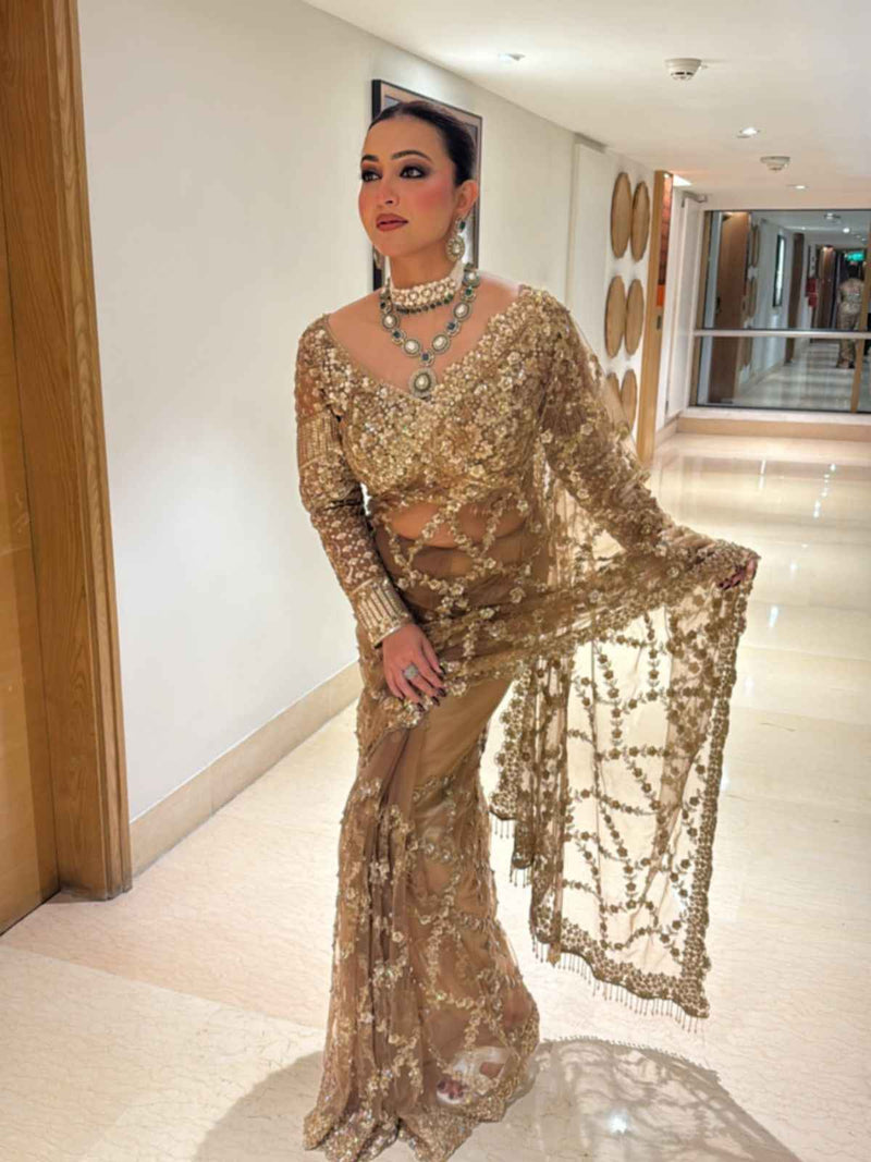 Golden Aura Sequins Embroidered Net Saree with Designer Blouse