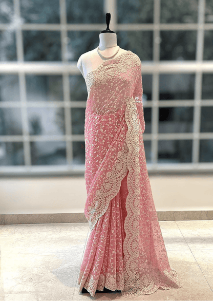 Blush Elegance Pink Embroidered Net Saree