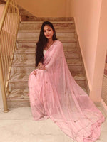 Pink Celestial Intricate Cut-Dana & Nug Work Designer Chiffon Saree