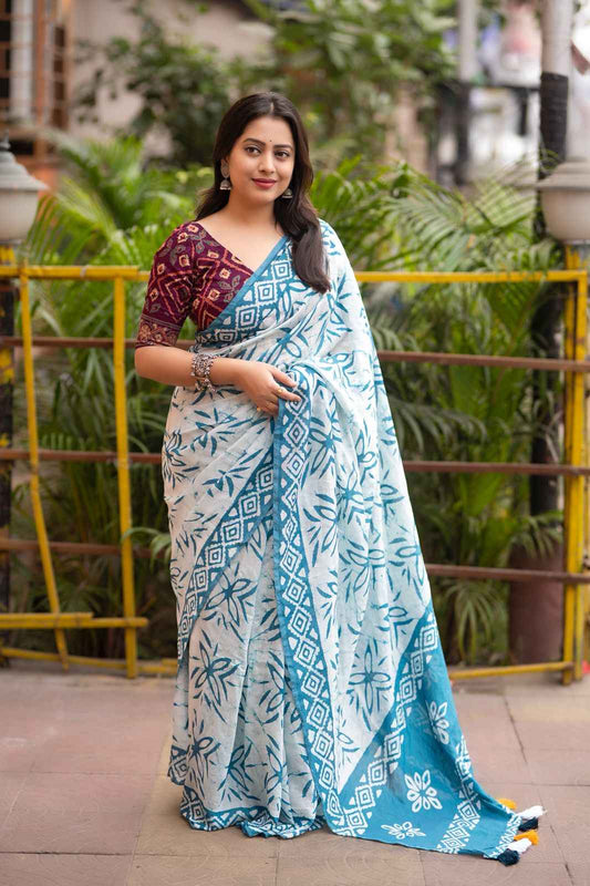 Charulata Hand Batik Chanderi Cotton Saree with Ajrakh Blouse