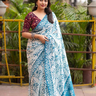 Charulata Hand Batik Chanderi Cotton Saree with Ajrakh Blouse