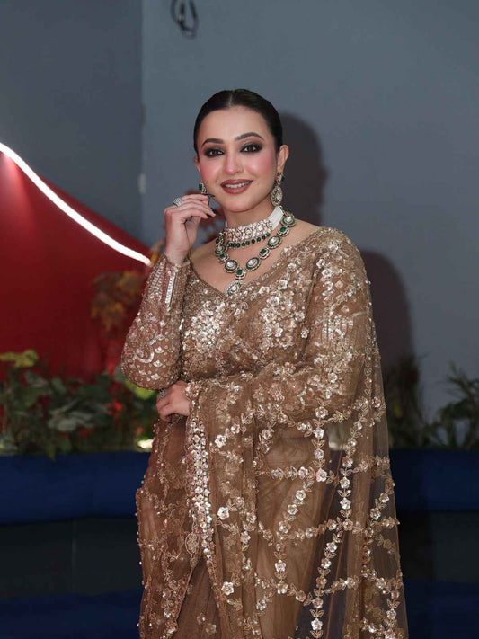 Golden Aura Sequins Embroidered Net Saree with Designer Blouse