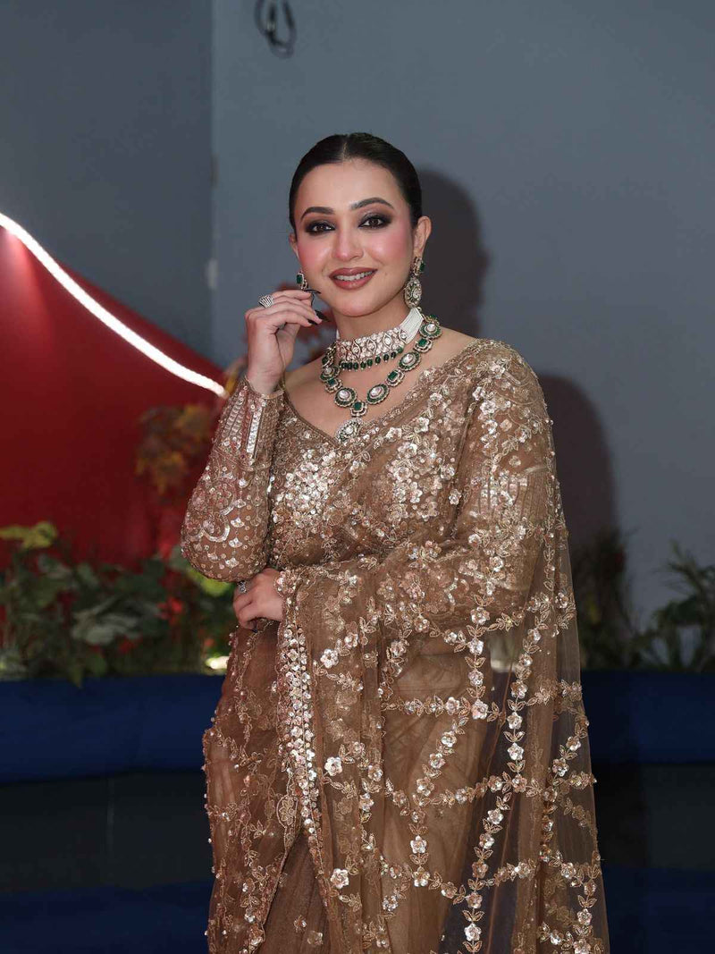 Golden Aura Sequins Embroidered Net Saree with Designer Blouse