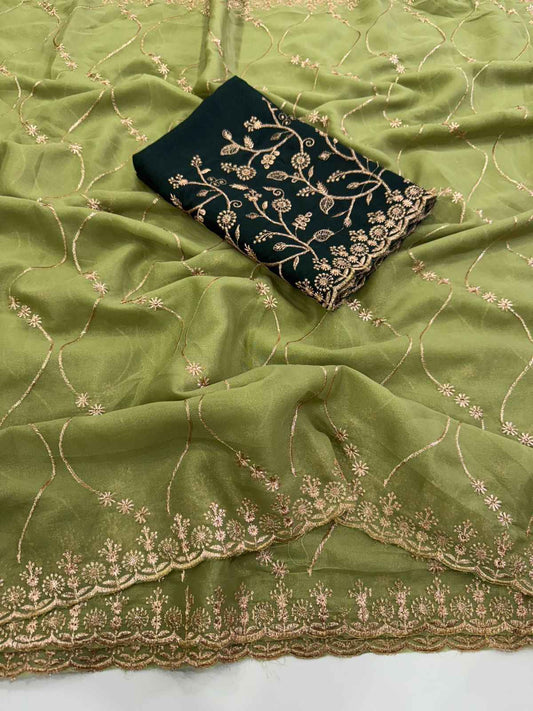 Olive Royale Georgette Embroidered Saree