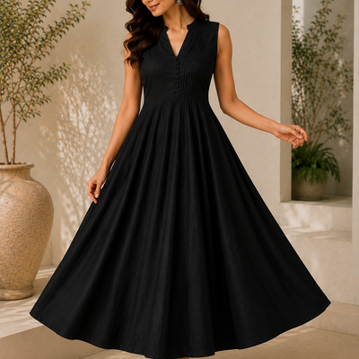 Chandani Midi Black Sleeveless Flared Dress