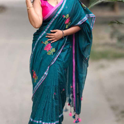 Emerald Grace Mul Cotton Embroidered Saree