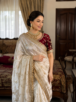 Madhubala Ivory Saree with Stitched Blouse