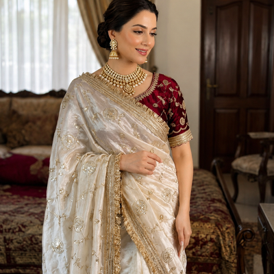 Madhubala Ivory Saree with Stitched Blouse