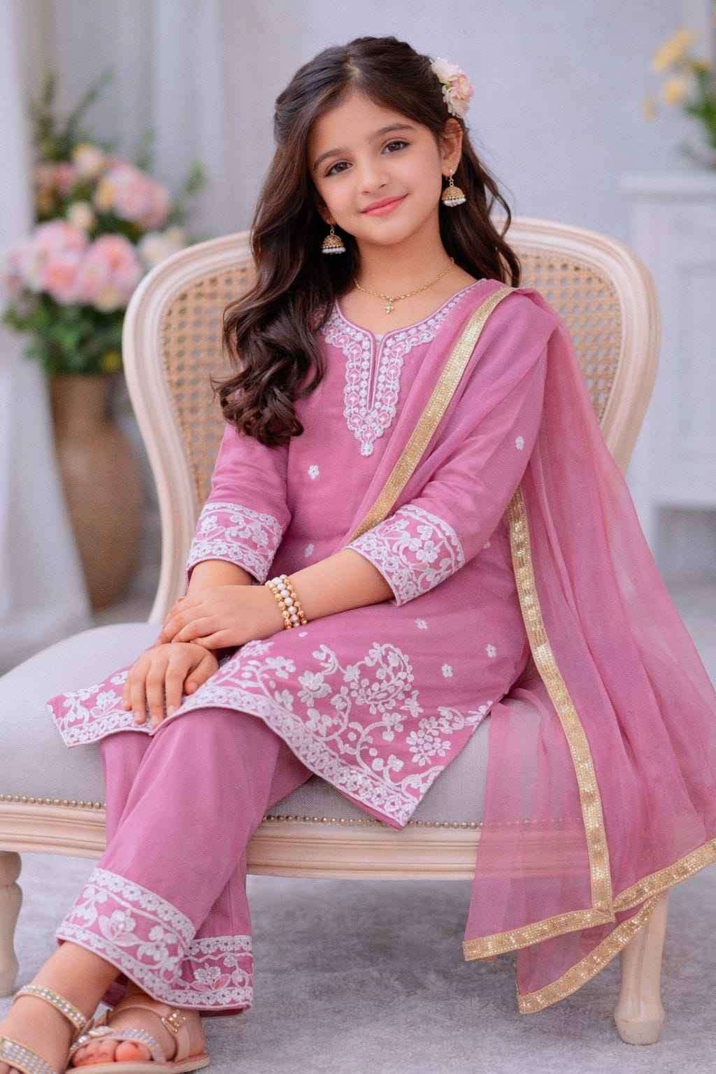 Gulaboo Embroidered Silk Kids Suit Set with Dupatta