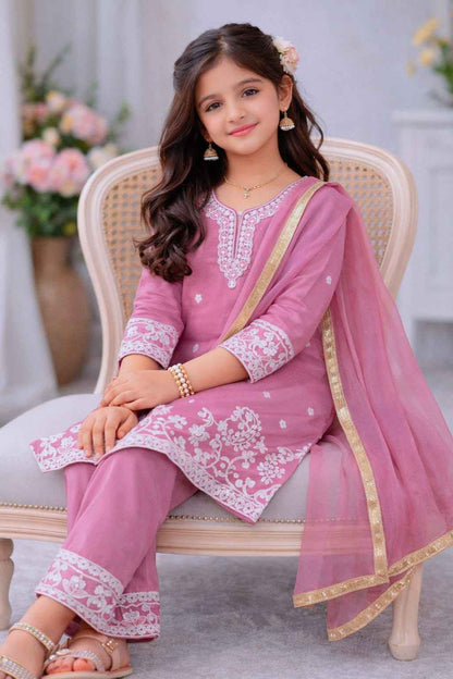 Gulaboo Embroidered Silk Kids Suit Set with Dupatta