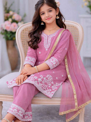 Gulaboo Embroidered Silk Kids Suit Set with Dupatta