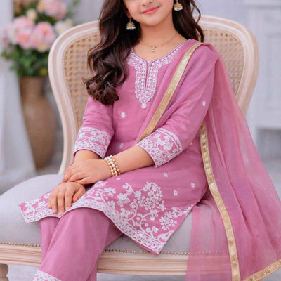 Gulaboo Embroidered Silk Kids Suit Set with Dupatta