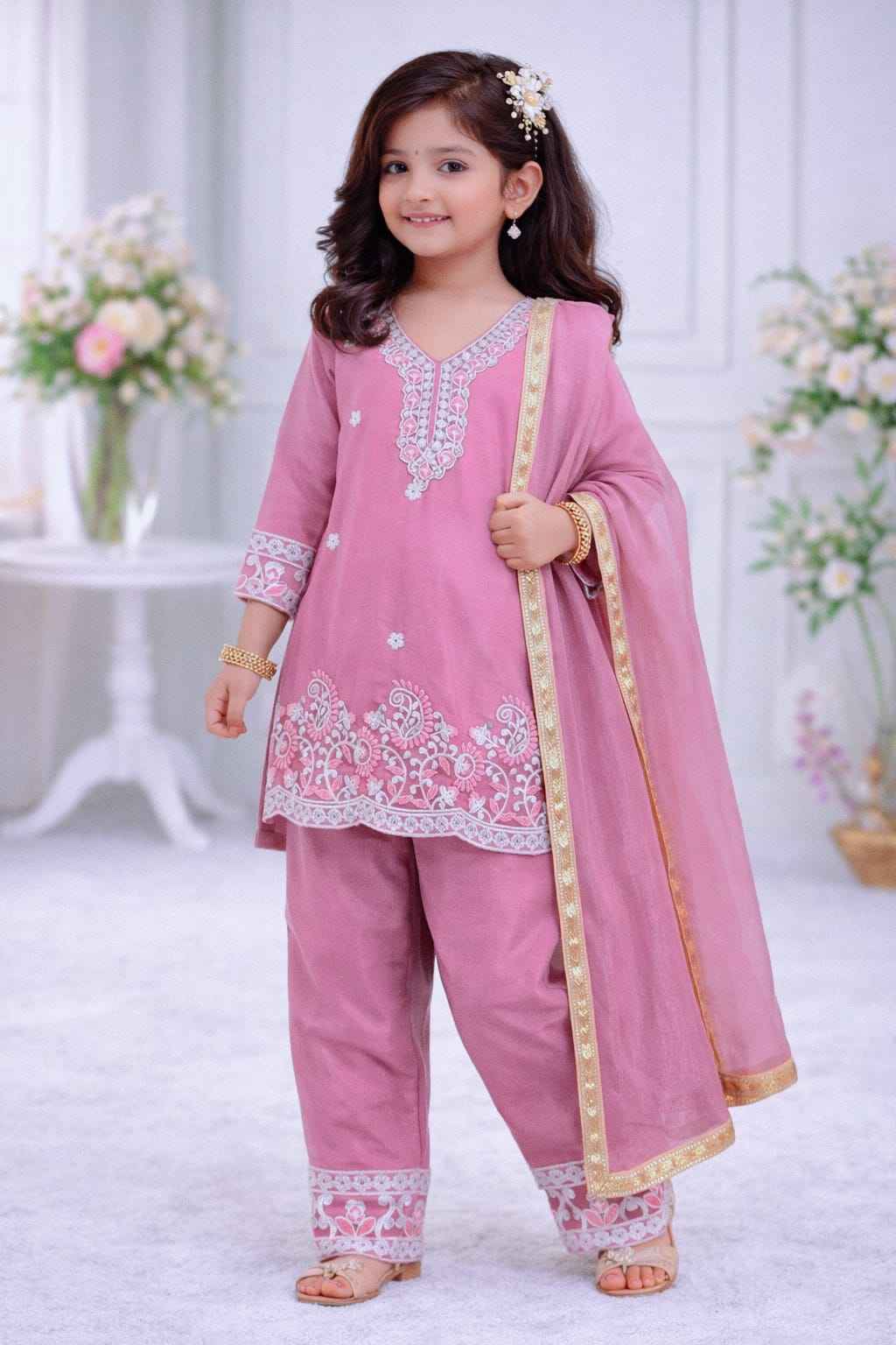 Gulaboo Embroidered Silk Kids Suit Set with Dupatta