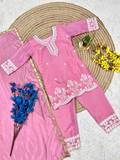 Gulaboo Embroidered Silk Kids Suit Set with Dupatta