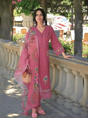 Gulbahar Rouge Pink Floral Embroidered Cotton Suit Set
