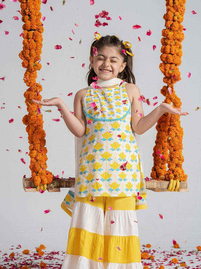 GulBano Sunshine Yellow & White Tiered Sharara Set