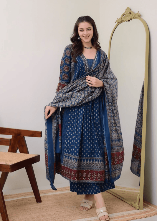 Indigo Blue Handblock Printed Cotton Suit Set