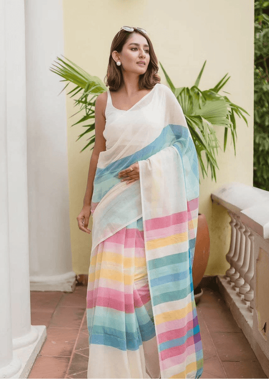 Ira Multicolor Pastel Stripe Linen Saree