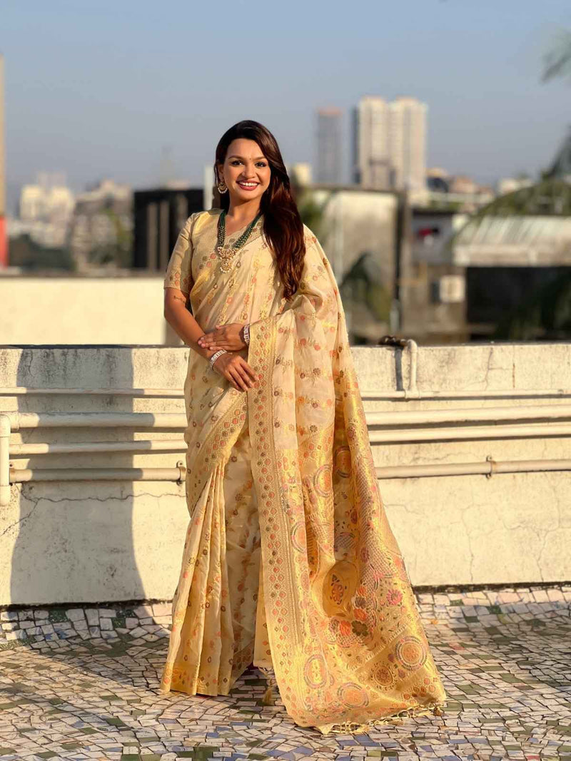 Ivory Kanchan Kora Silk Zari Woven Saree
