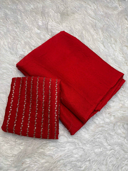 Kumkum Red Crush Tissue Saree with Embroidered Blouse