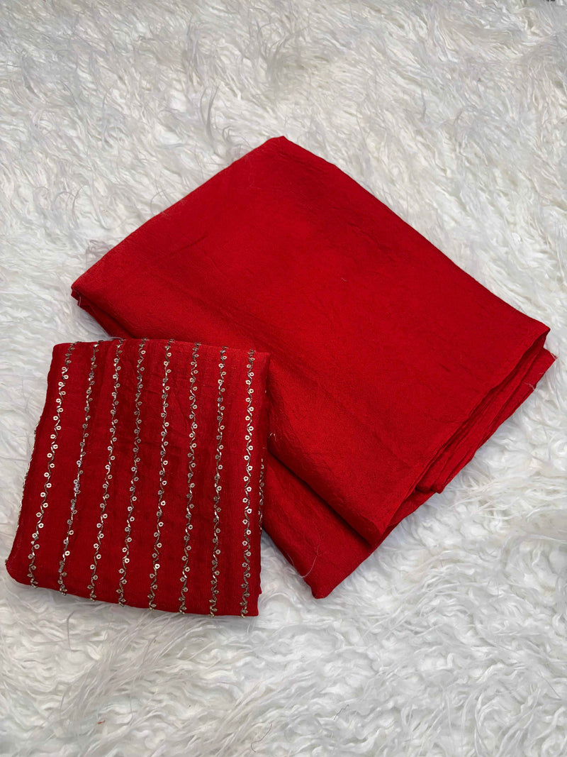 Kumkum Red Crush Tissue Saree with Embroidered Blouse