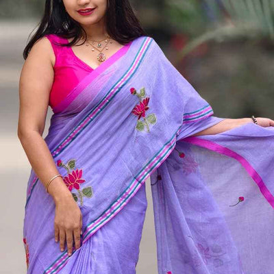 Lavender Lotus Mul Cotton Embroidered Saree