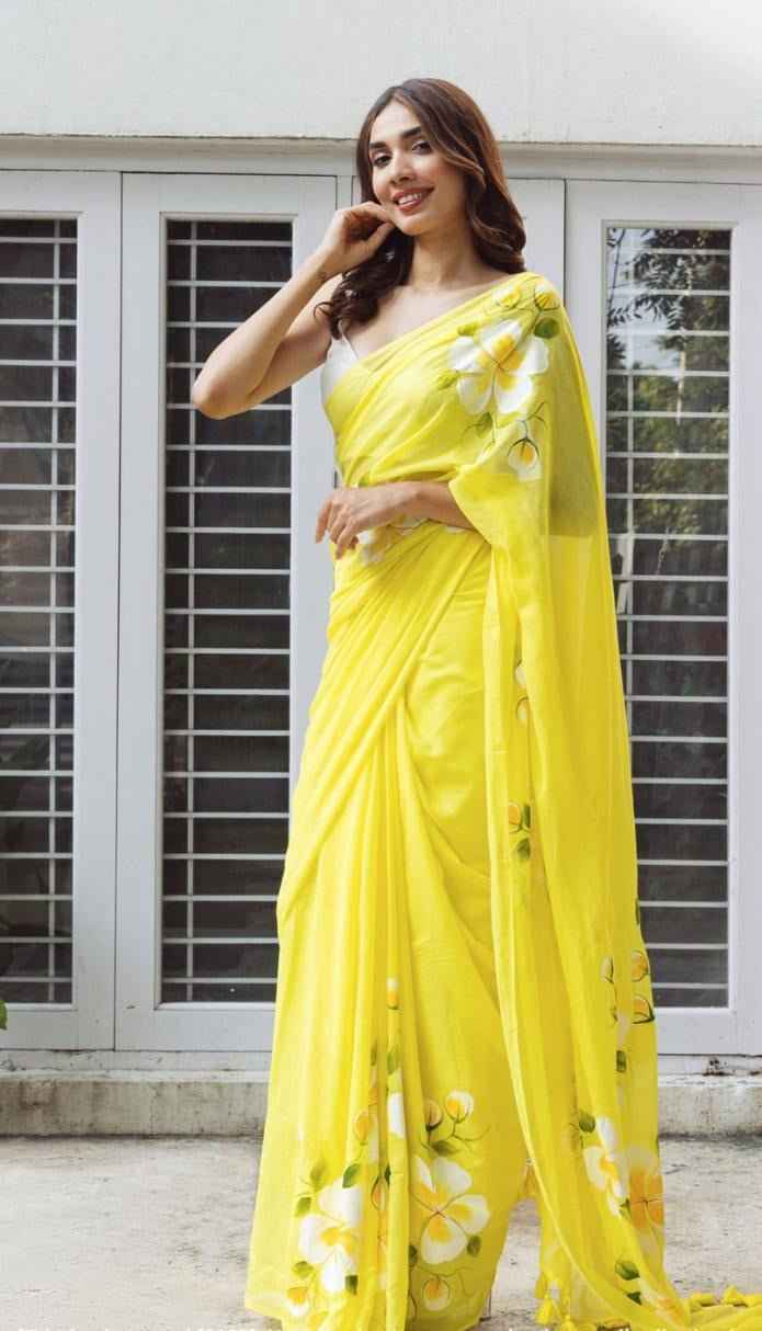 Lemon Bloom Handpainted Floral Saree with Tassel Border