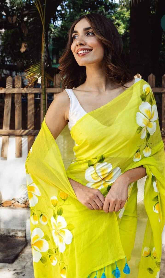 Lemon Bloom Handpainted Floral Saree with Tassel Border
