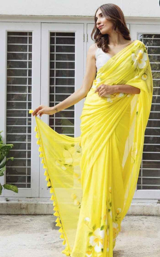 Lemon Bloom Handpainted Floral Saree with Tassel Border