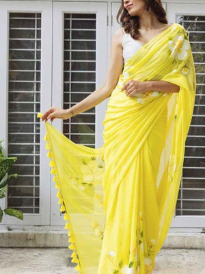 Lemon Bloom Handpainted Floral Saree with Tassel Border