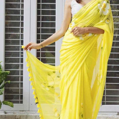 Lemon Bloom Handpainted Floral Saree with Tassel Border