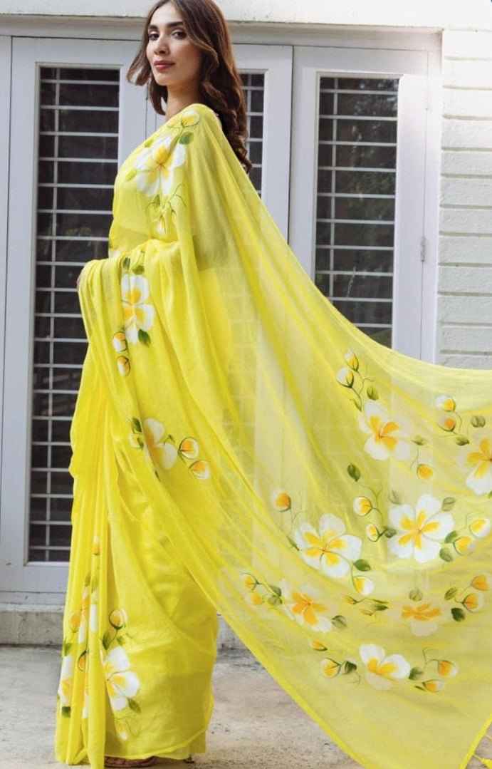 Lemon Bloom Handpainted Floral Saree with Tassel Border