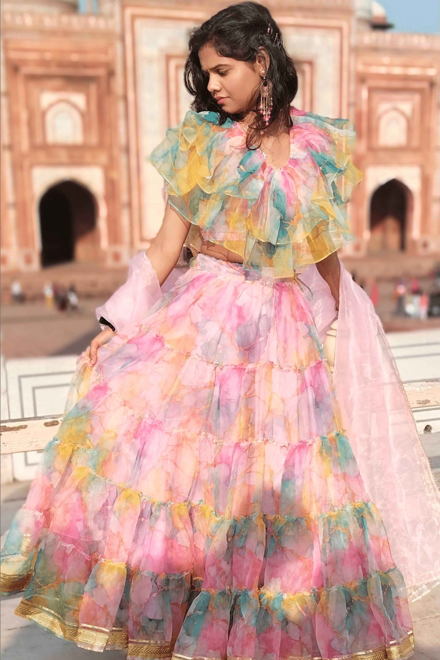 MehfileRang Printed Organza Lehenga Set