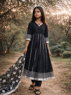 Midnight Bloom Cotton Anarkali Set with Organza Dupatta