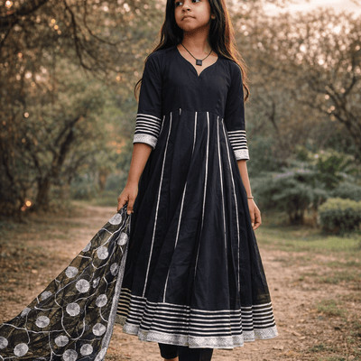 Midnight Bloom Cotton Anarkali Set with Organza Dupatta