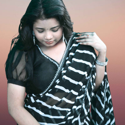 Midnight Elegance Black & White Lahariya saree with Blouse