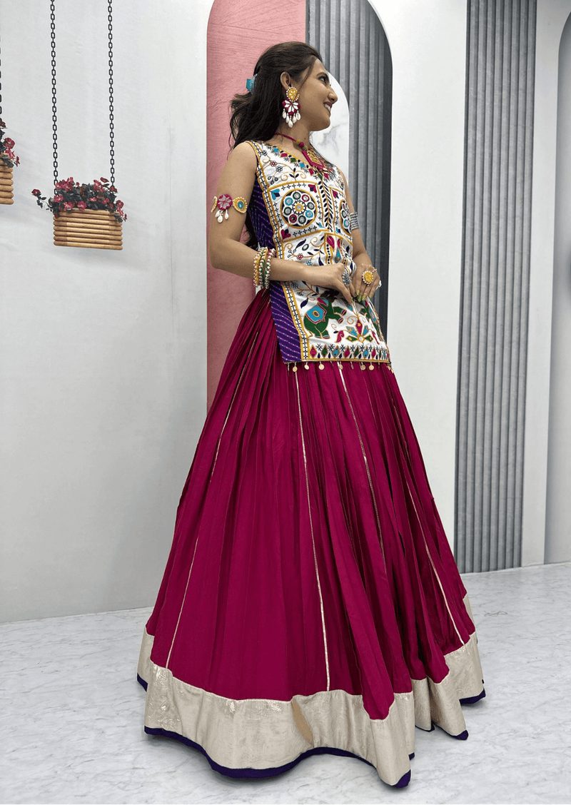 Moti Gamathi Mirror Work Choli & Cotton Lumpi Border Lehenga Set