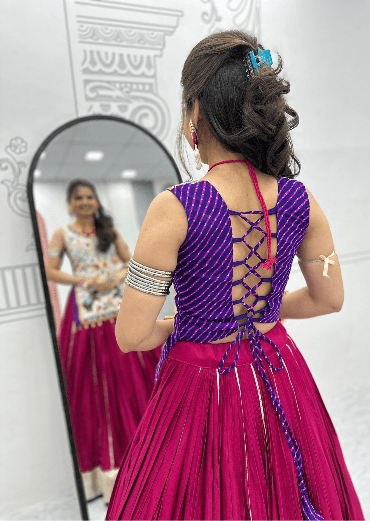 Moti Gamathi Mirror Work Choli & Cotton Lumpi Border Lehenga Set
