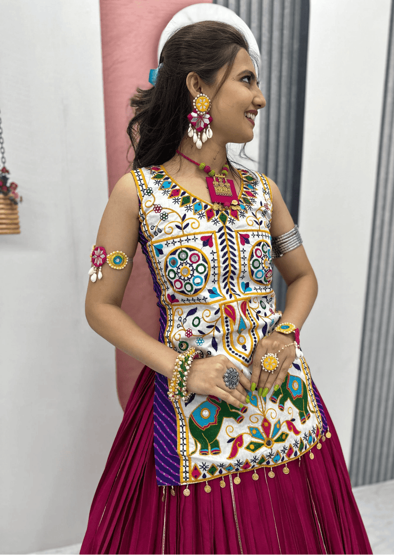 Moti Gamathi Mirror Work Choli & Cotton Lumpi Border Lehenga Set
