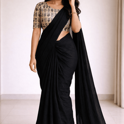 Mrinalika Noir Soft Crush Chiffon Saree with Designer Blouse
