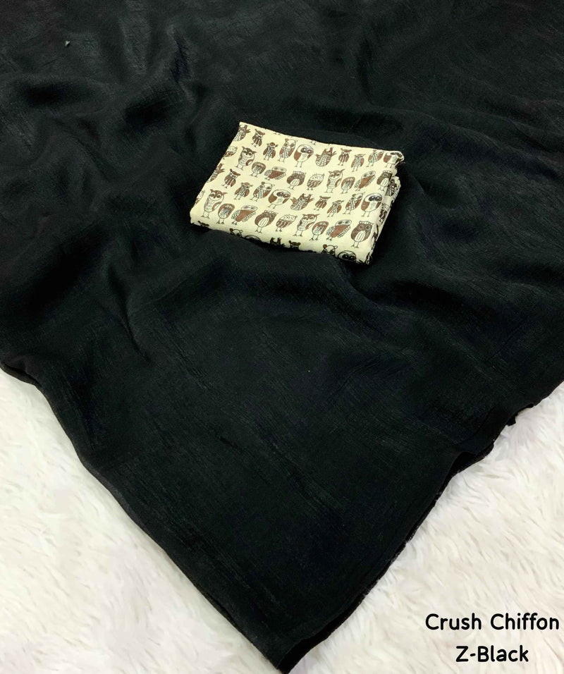 Mrinalika Noir Soft Crush Chiffon Saree with Designer Blouse