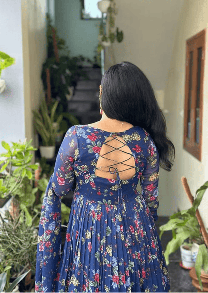 Navy Blue Floral Anarkali Kurti with Dupatta