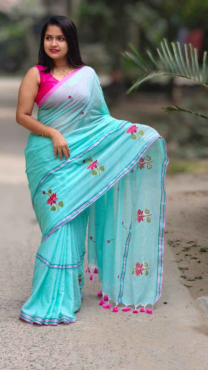 Neel-Kamal Embroidery Mul Cotton Saree