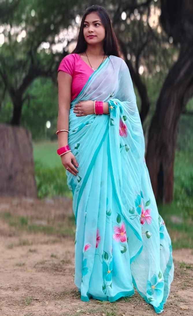 NeelPushpa Handpainted Chiffon Saree