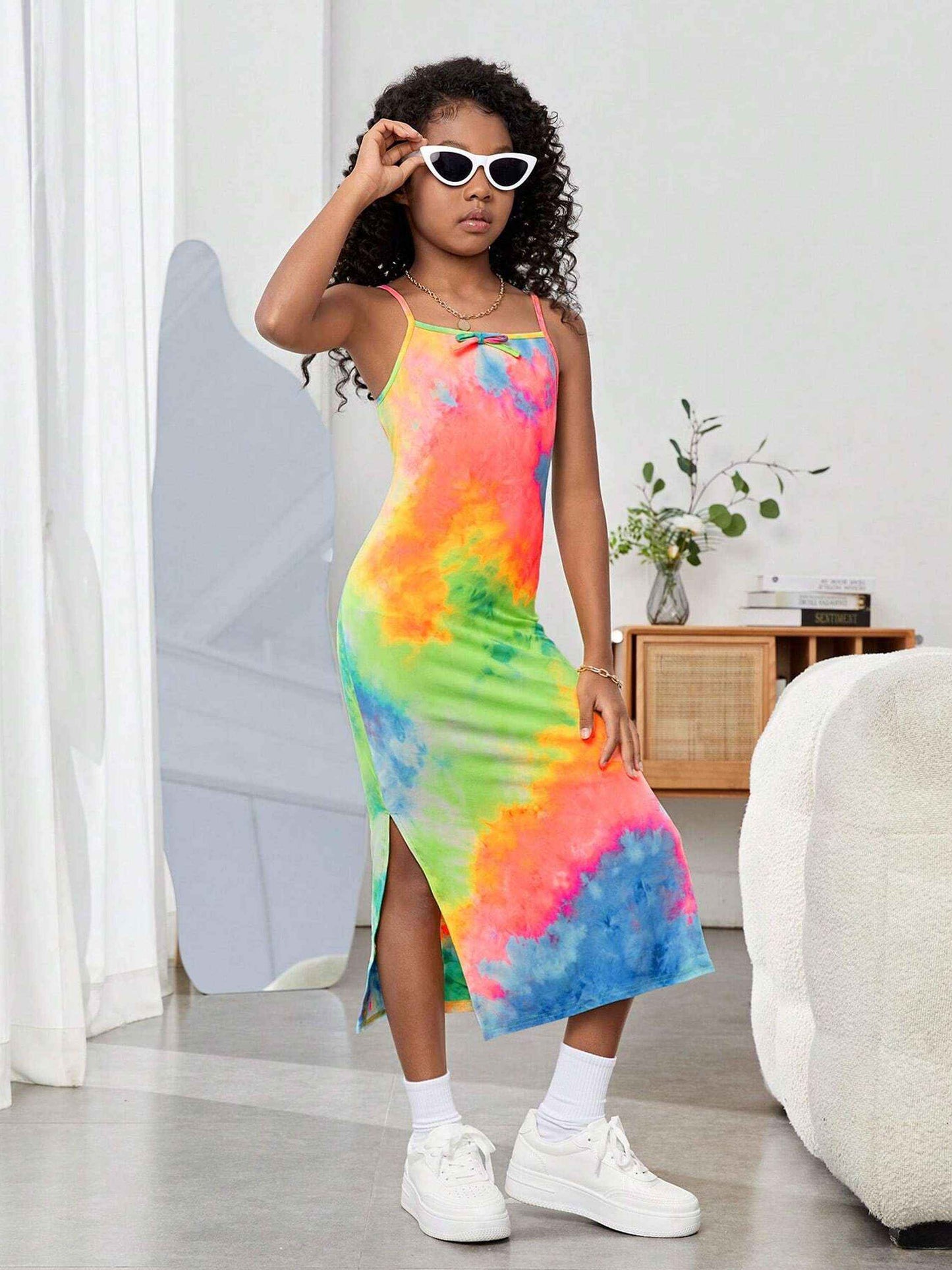 Neon Splash Multicolor Tie-Dye Spaghetti Midi Dress