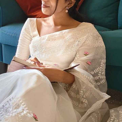 Noor-e-Kamal Lucknowi Embroidered Pure Organza Saree with Satin Silk Blouse