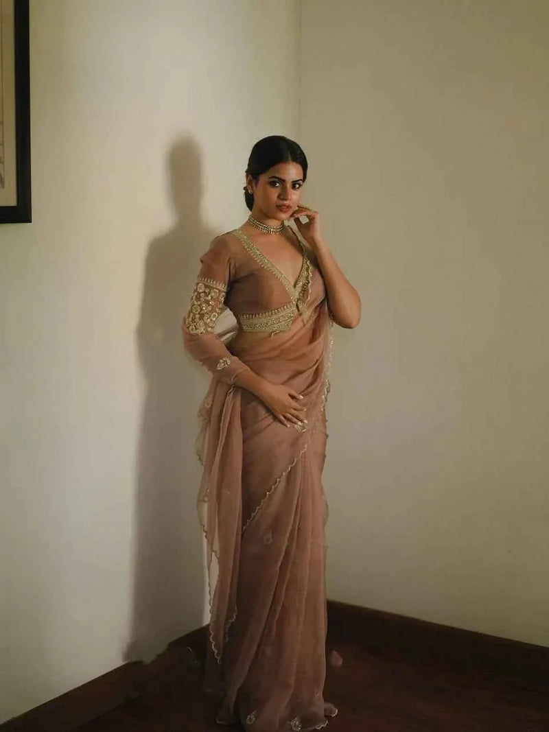 Noor-e-Zehra Brown Organza Saree